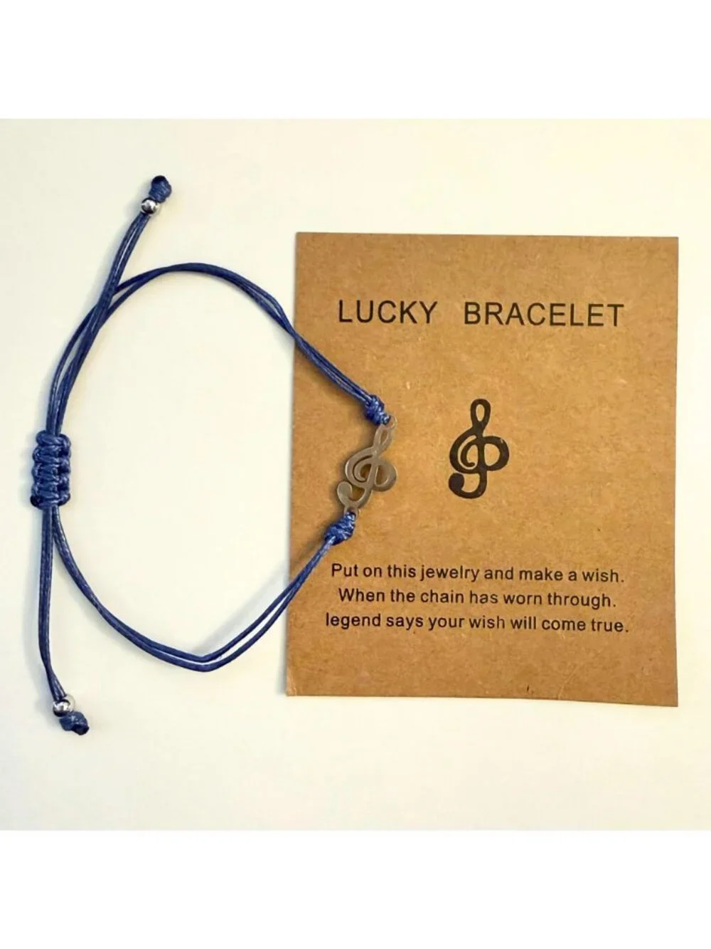 Music Wish Bracelet Stainless Steel Treble Clef Blue Woven Cord